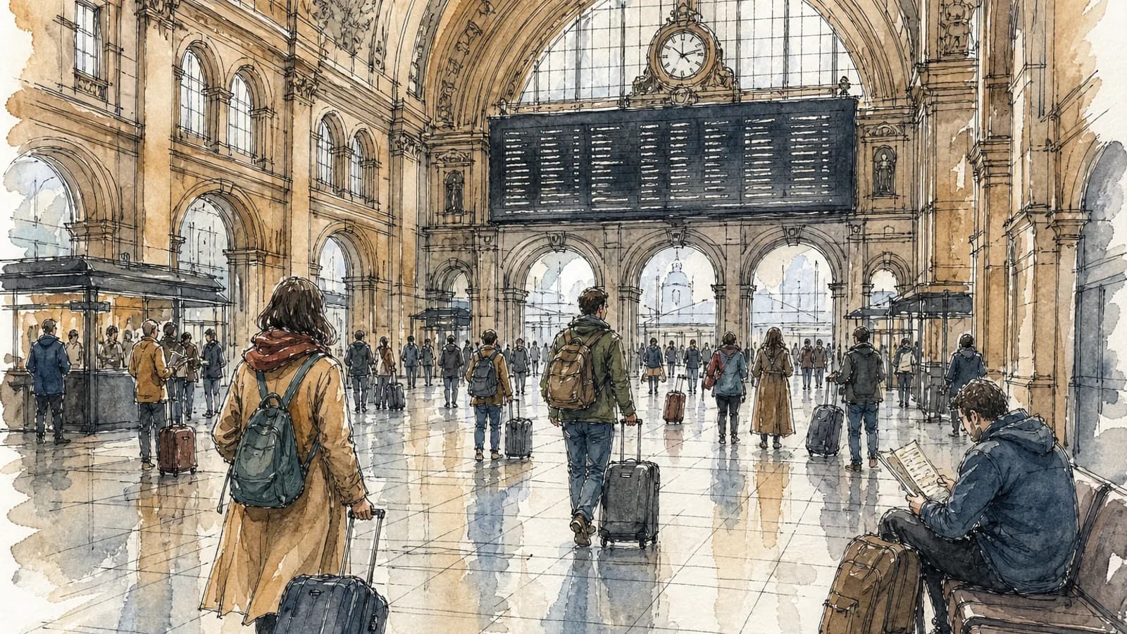 European station with travelers